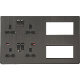 Knightsbridge SFR998SB 13A 4-Gang DP Combination Plate + 4.0A 18W 2-Outlet Type A & C USB Charger Smoked Bronze with Black Inserts