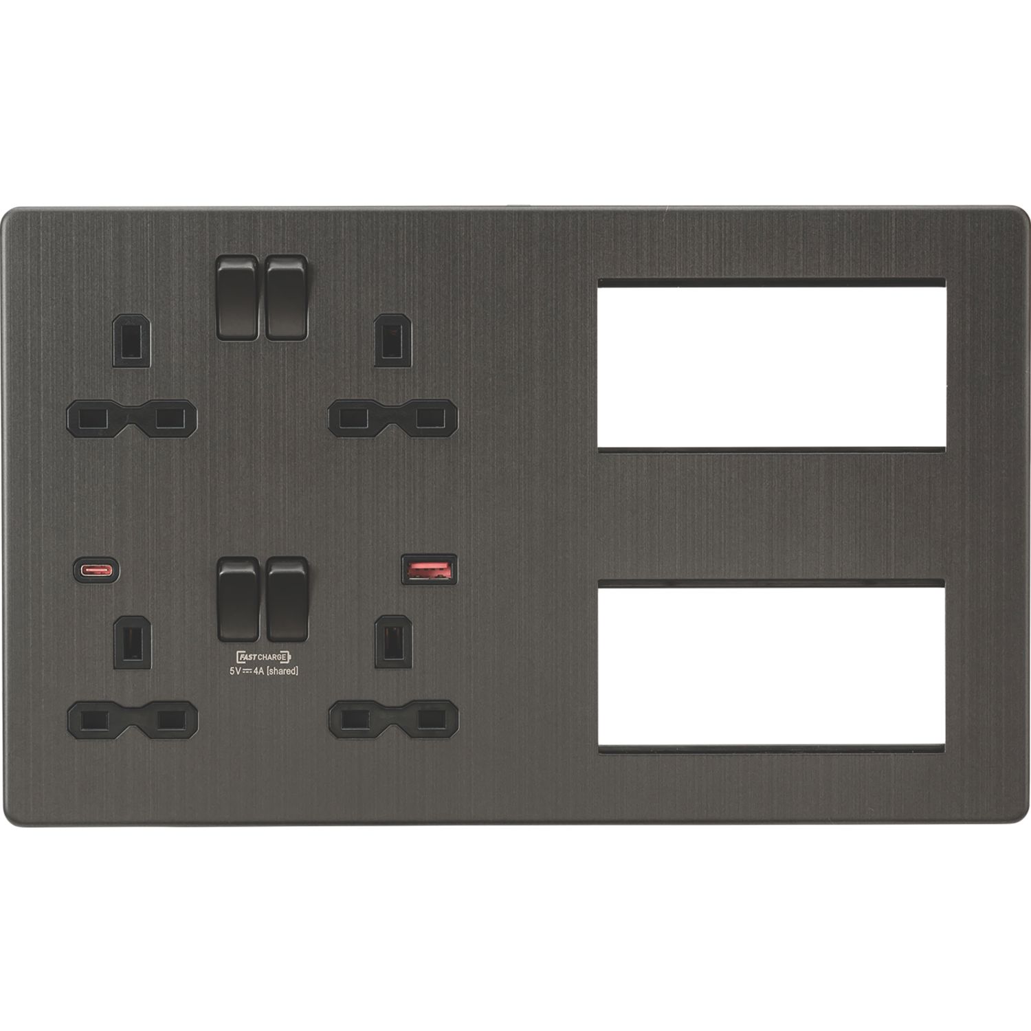 Knightsbridge SFR998SB 13A 4-Gang DP Combination Plate + 4.0A 18W 2-Outlet Type A & C USB Charger Smoked Bronze with Black Inserts (525VF)