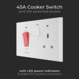 British General 900 Series 45A 2-Gang DP Cooker Switch & 13A DP Switched Socket White with Neon