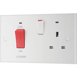 British General 900 Series 45A 2-Gang DP Cooker Switch & 13A DP Switched Socket White with Neon