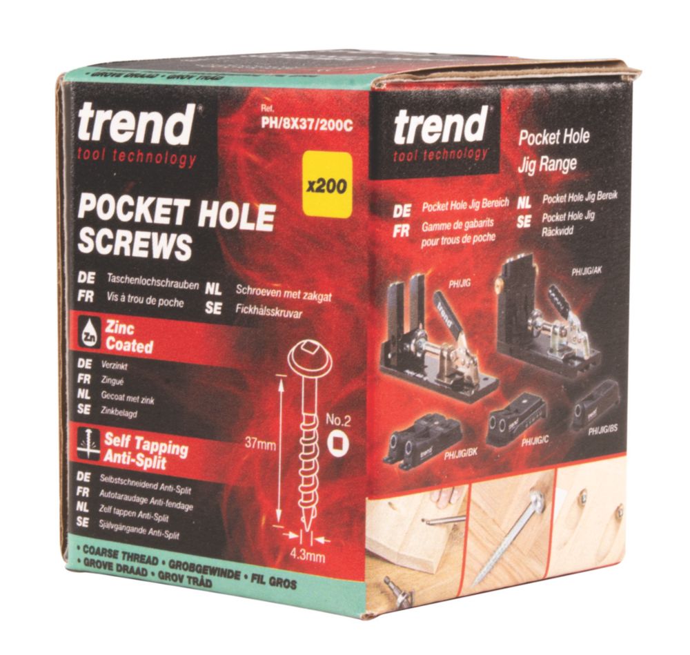 Trend PH/8X37/200C Square Flange Self-Tapping Pocket Hole Screw Coarse  Thread No. 8ga x 1 1/2 200 Pack - Screwfix