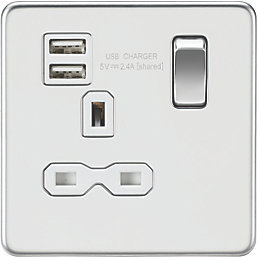 Knightsbridge  13A 1-Gang SP Switched Socket + 2.1A 12W 2-Outlet Type A USB Charger Polished Chrome with White Inserts