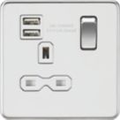 Knightsbridge  13A 1-Gang SP Switched Socket + 2.1A 12W 2-Outlet Type A USB Charger Polished Chrome with White Inserts