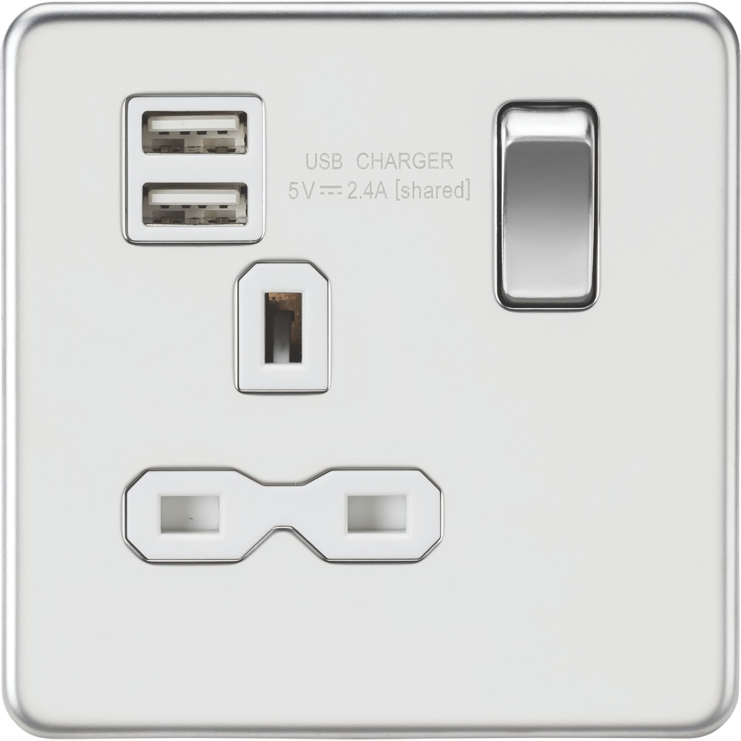 Knightsbridge 13A 1-Gang SP Switched Socket + 2.1A 12W 2-Outlet Type A USB Charger Polished Chrome with White Inserts (526TY)