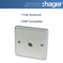 Hager Sollysta WRTVFBSW 1-Gang Coaxial TV Socket Brushed Steel with White Inserts