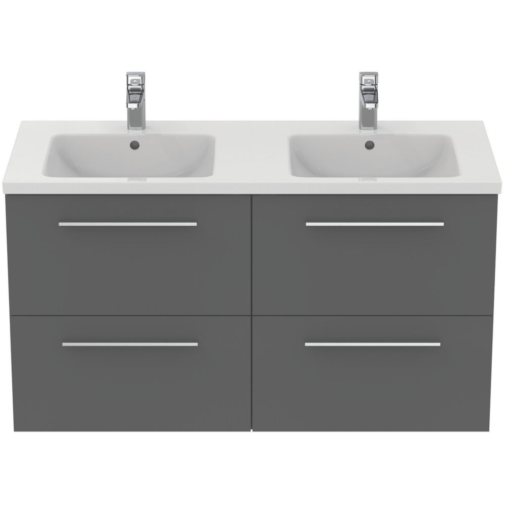 Ideal Standard i.life B Wall Hung Vanity Unit with Chrome Handles & Double Basin Matt Grey 1200mm x 505mm x 630mm