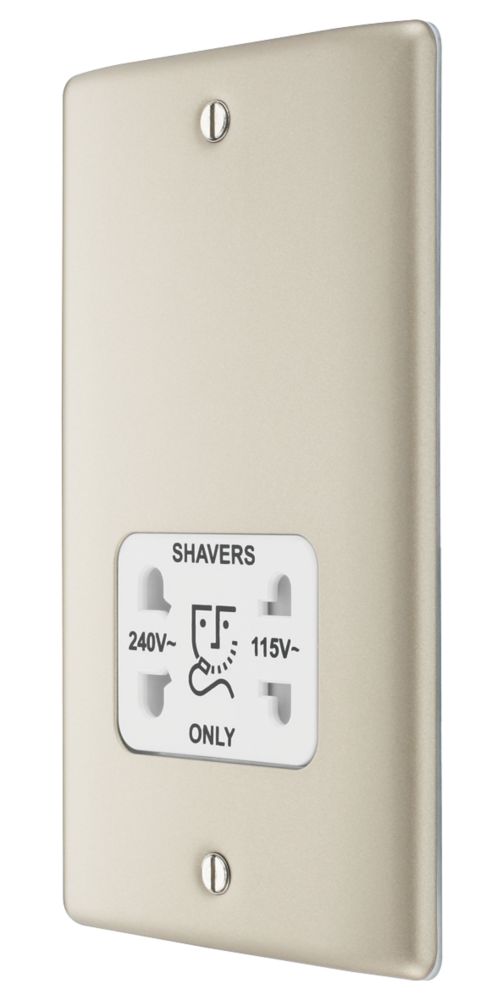 British General Nexus Metal 2-Gang Dual Voltage Shaver Socket 115/240V Pearl Nickel with White Inserts