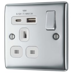 British General Nexus Metal 13A 1-Gang SP Switched Socket + 3A 18W 2-Outlet Type A & C USB Charger Polished Chrome with White Inserts
