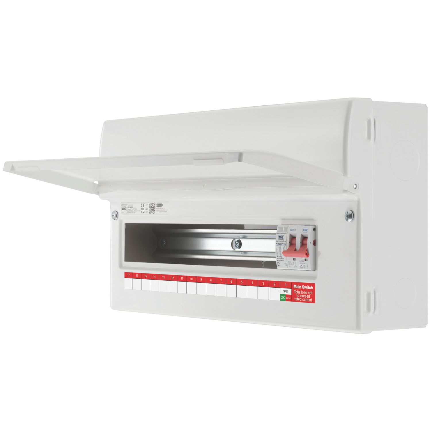 British General CF19MS16-01 16-Module 16-Way Part-Populated High Integrity Main Switch Consumer Unit with SPD (530CY)