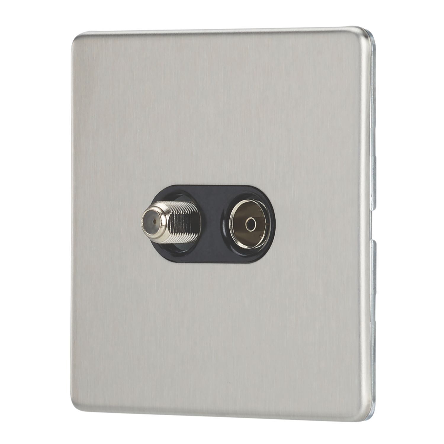 Contactum Lyric 2-Gang Coaxial TV & F-Type Satellite Socket Brushed Steel with Black Inserts (530RR)