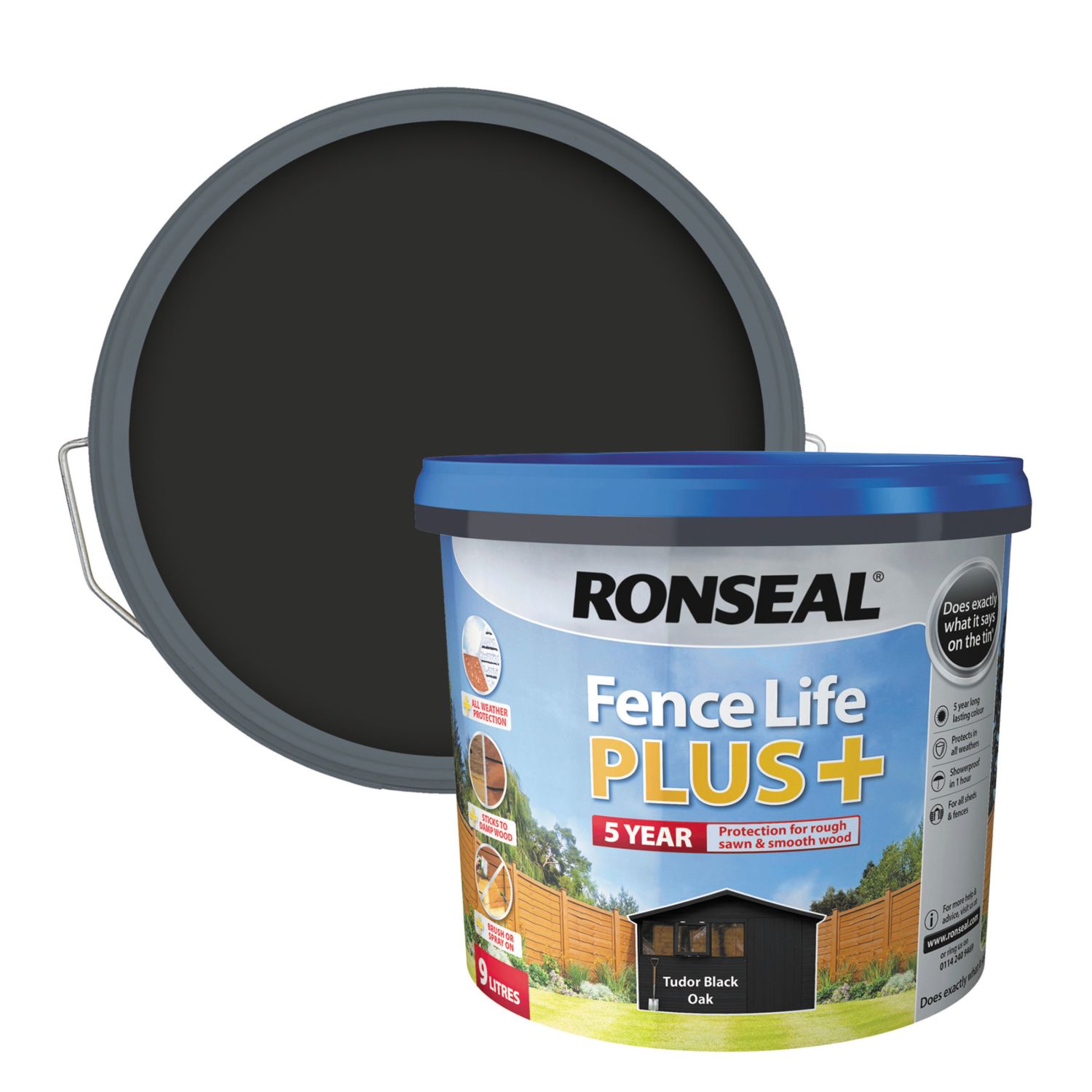Ronseal Fence Life Plus 9Ltr Tudor Black Oak Shed & Fence Paint (5325X)