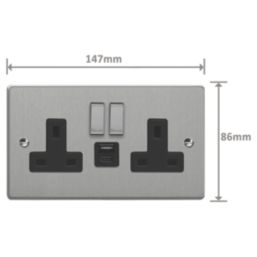 Varilight  13A 2-Gang SP Switched Socket + 4A 20W 2-Outlet Type A & C USB Charger Brushed Steel with Black Inserts