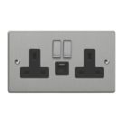 Varilight  13A 2-Gang SP Switched Socket + 4A 20W 2-Outlet Type A & C USB Charger Brushed Steel with Black Inserts
