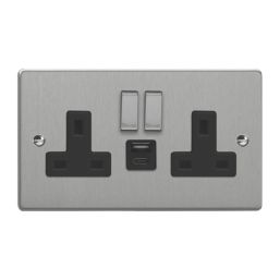 Varilight  13A 2-Gang SP Switched Socket + 4A 20W 2-Outlet Type A & C USB Charger Brushed Steel with Black Inserts
