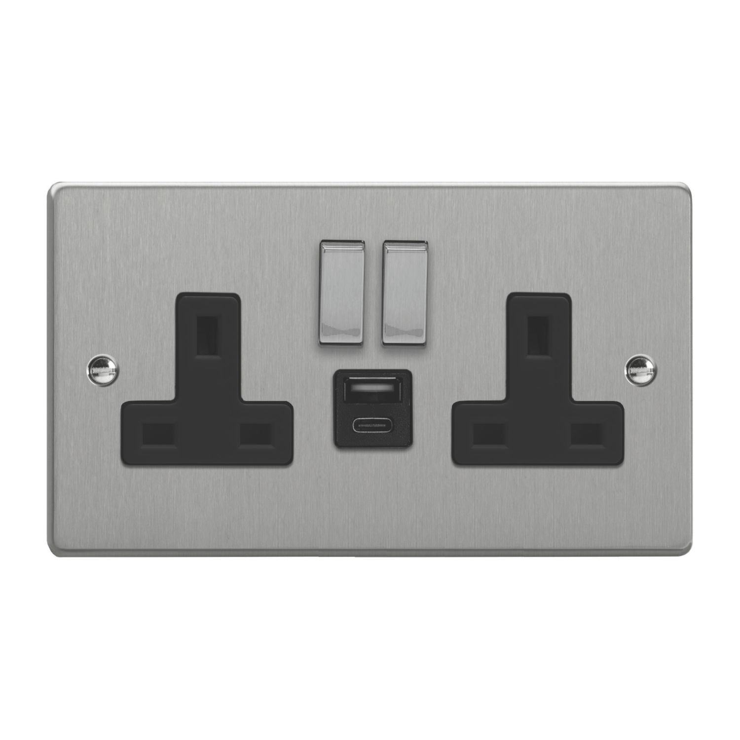Varilight 13A 2-Gang SP Switched Socket + 4A 20W 2-Outlet Type A & C USB Charger Brushed Steel with Black Inserts (533EA)