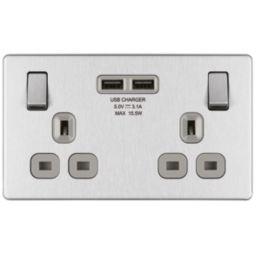 LAP  13A 2-Gang DP Switched Socket + 3.1A 15.5W 2-Outlet Type A USB Charger Brushed Stainless Steel with Graphite Inserts