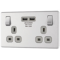 LAP  13A 2-Gang DP Switched Socket + 3.1A 15.5W 2-Outlet Type A USB Charger Brushed Stainless Steel with Graphite Inserts