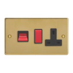 Varilight  45A 2-Gang 2-Pole Cooker Switch & 13A DP Switched Socket Polished Brass  with Black Inserts