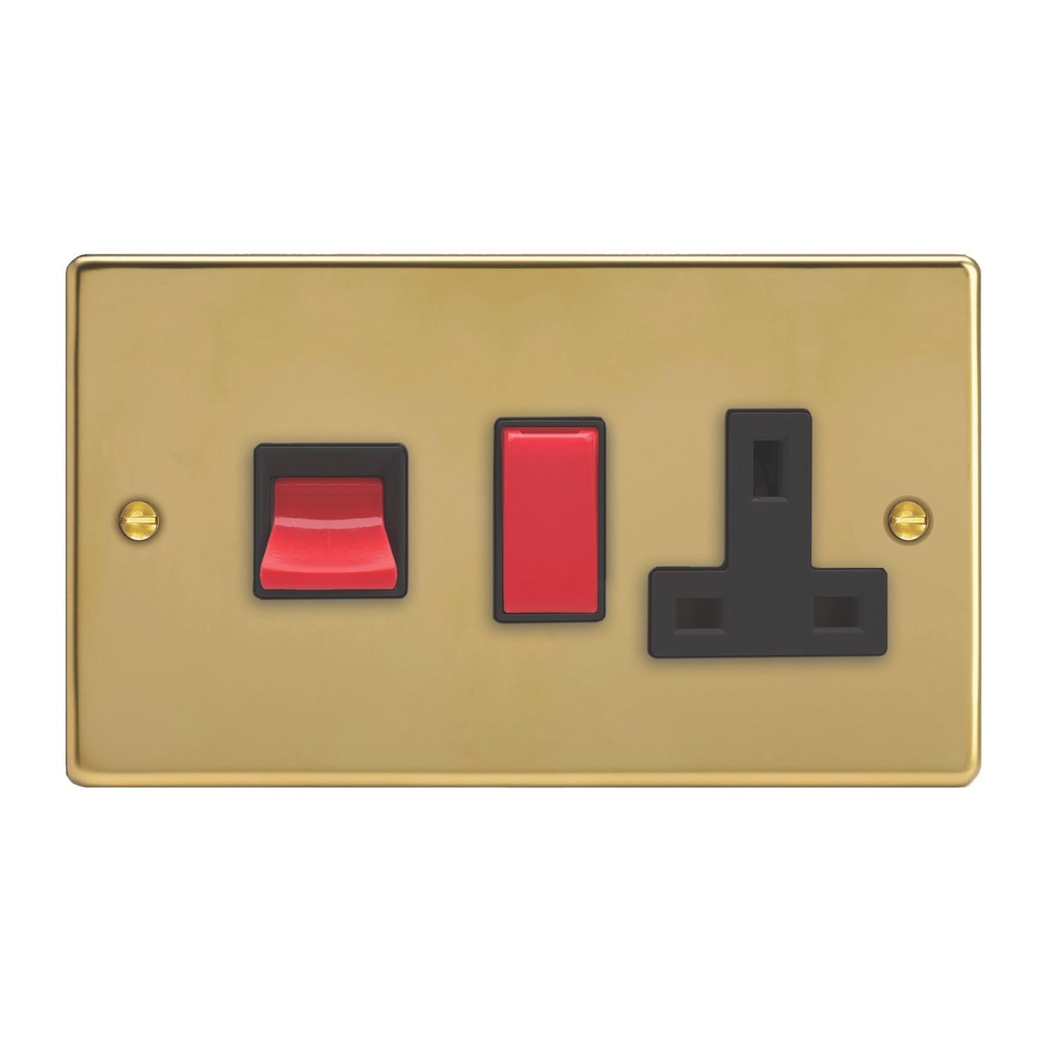 Varilight 45A 2-Gang 2-Pole Cooker Switch & 13A DP Switched Socket Polished Brass with Black Inserts (535YT)