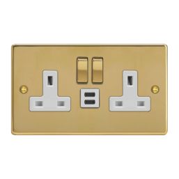 Varilight  13A 2-Gang SP Switched Socket + 3A 45W 2-Outlet Type C USB Charger Polished Brass with White Inserts