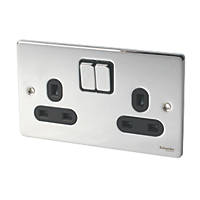 Schneider Electric Ultimate Low Profile 13A 2-Gang SP Switched Plug Socket Polished Chrome  with Black Inserts