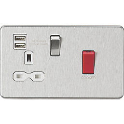 Knightsbridge  45A 1-Gang DP Cooker Switch & 13A DP Switched Socket + 2.4A 12W 2-Outlet Type A USB Charger Brushed Chrome  with White Inserts