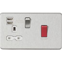 Knightsbridge SFR8333UBCW 45 & 13A 1-Gang DP Cooker Switch & 13A DP Switched Socket + 2.4A 2-Outlet Type A USB Charger Brushed Chrome  with White Inserts
