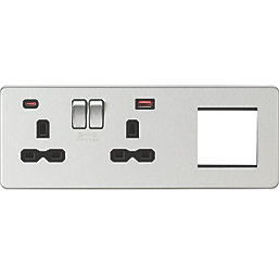 Knightsbridge SFR992LBC 13A 2-Gang DP Combination Plate + 4.0A 18W 2-Outlet Type A & C USB Charger Brushed Chrome with Black Inserts