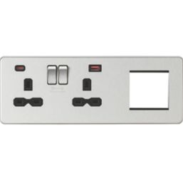 Knightsbridge SFR992LBC 13A 2-Gang DP Combination Plate + 4.0A 18W 2-Outlet Type A & C USB Charger Brushed Chrome with Black Inserts