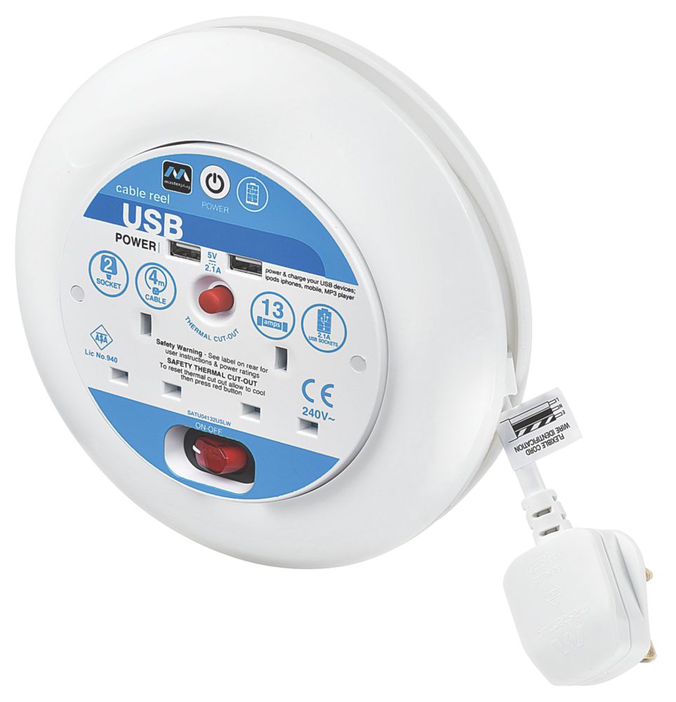Masterplug 13A 2-Gang 4m  Satellite Cable Reel + 2.1A 2-Outlet Type A USB Charger 240V