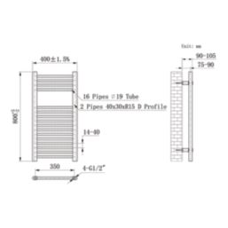 Flomasta 800mm x 400mm 1041BTU Anthracite Flat  Towel Radiator