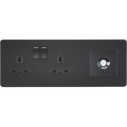 Knightsbridge  13A 2-Gang DP Combination Plate Matt Black with Black Inserts