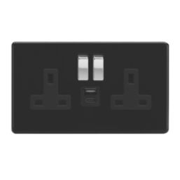 Varilight  13A 2-Gang 1P+N Switched Socket + 4A 20W 2-Outlet Type A & C USB Charger Jet Black with Black Inserts