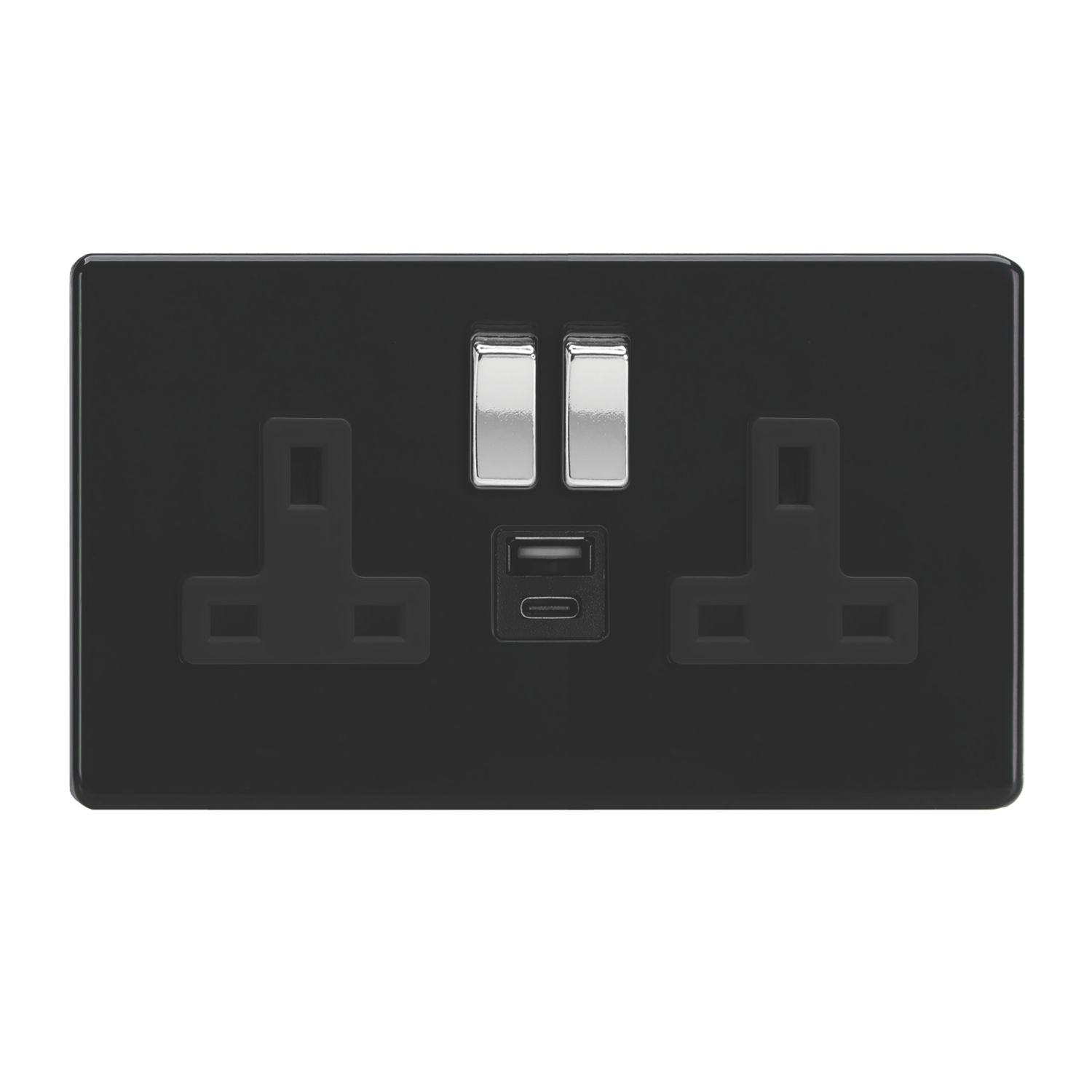 Varilight 13A 2-Gang 1P+N Switched Socket + 4A 20W 2-Outlet Type A & C USB Charger Jet Black with Black Inserts (541YT)