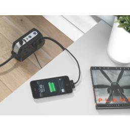 Masterplug 13A 4-Gang Unswitched Surge-Protected Extension Lead + 2.1A 2-Outlet Type A USB Charger Gloss Black 1m