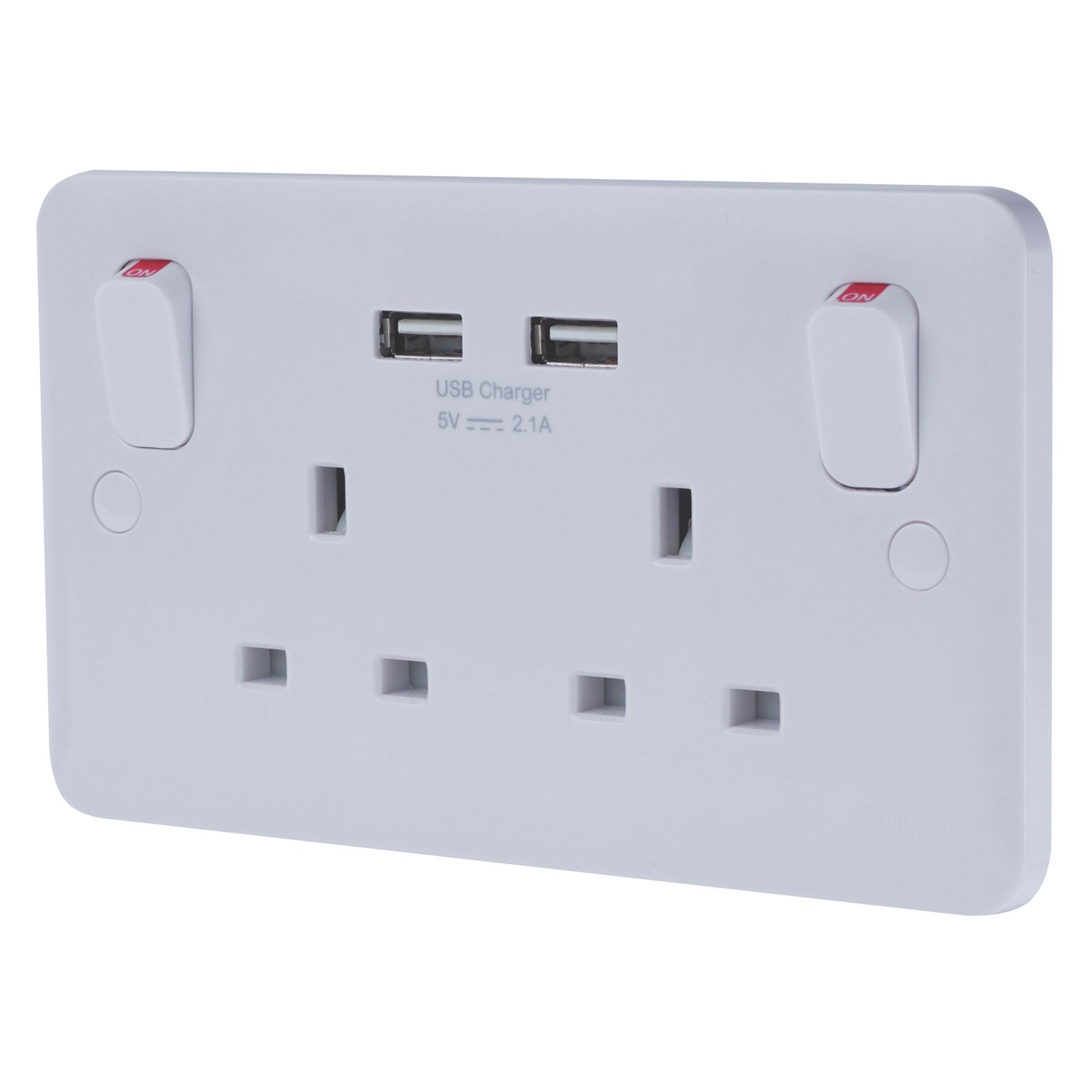 Schneider Electric Lisse 2.1A 2-Gang SP Switched Socket + 2.1A 10.5W 2-Outlet Type A USB Charger White (5429J)