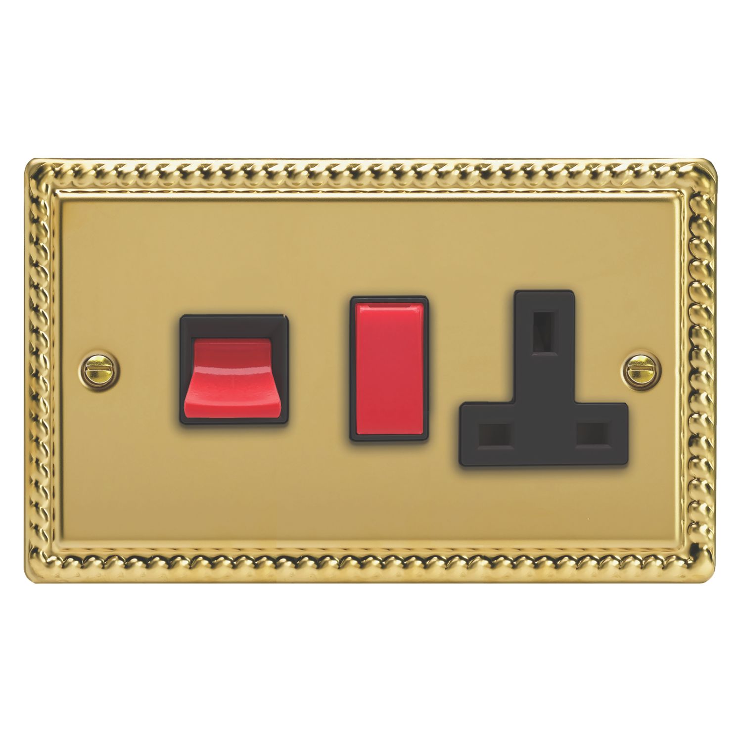 Varilight 45A 2-Gang 2-Pole Cooker Switch & 13A DP Switched Socket Georgian Brass with Black Inserts (542EA)