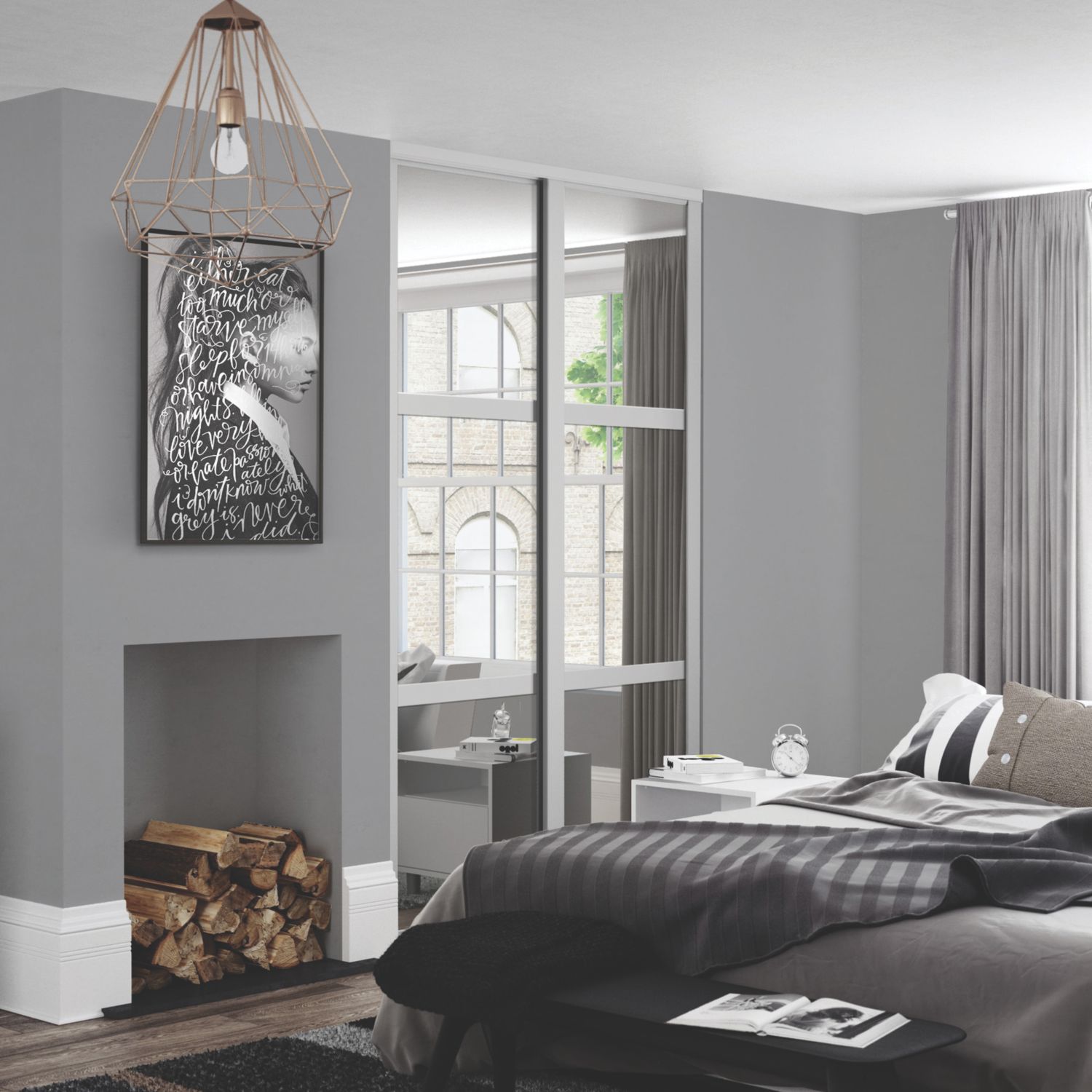 Spacepro Shaker 2-Door Sliding Wardrobe Door Kit Dove Grey Frame Mirror Panel 1793mm x 2260mm (542KJ)