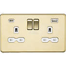 Knightsbridge  13A 2-Gang SP Switched Socket + 4.0A 20W 2-Outlet Type A & C USB Charger Polished Brass with White Inserts