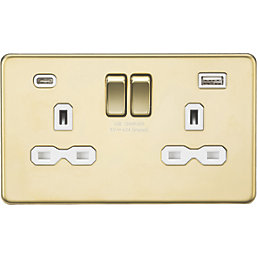 Knightsbridge  13A 2-Gang SP Switched Socket + 4.0A 20W 2-Outlet Type A & C USB Charger Polished Brass with White Inserts