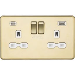 Knightsbridge  13A 2-Gang SP Switched Socket + 4.0A 20W 2-Outlet Type A & C USB Charger Polished Brass with White Inserts