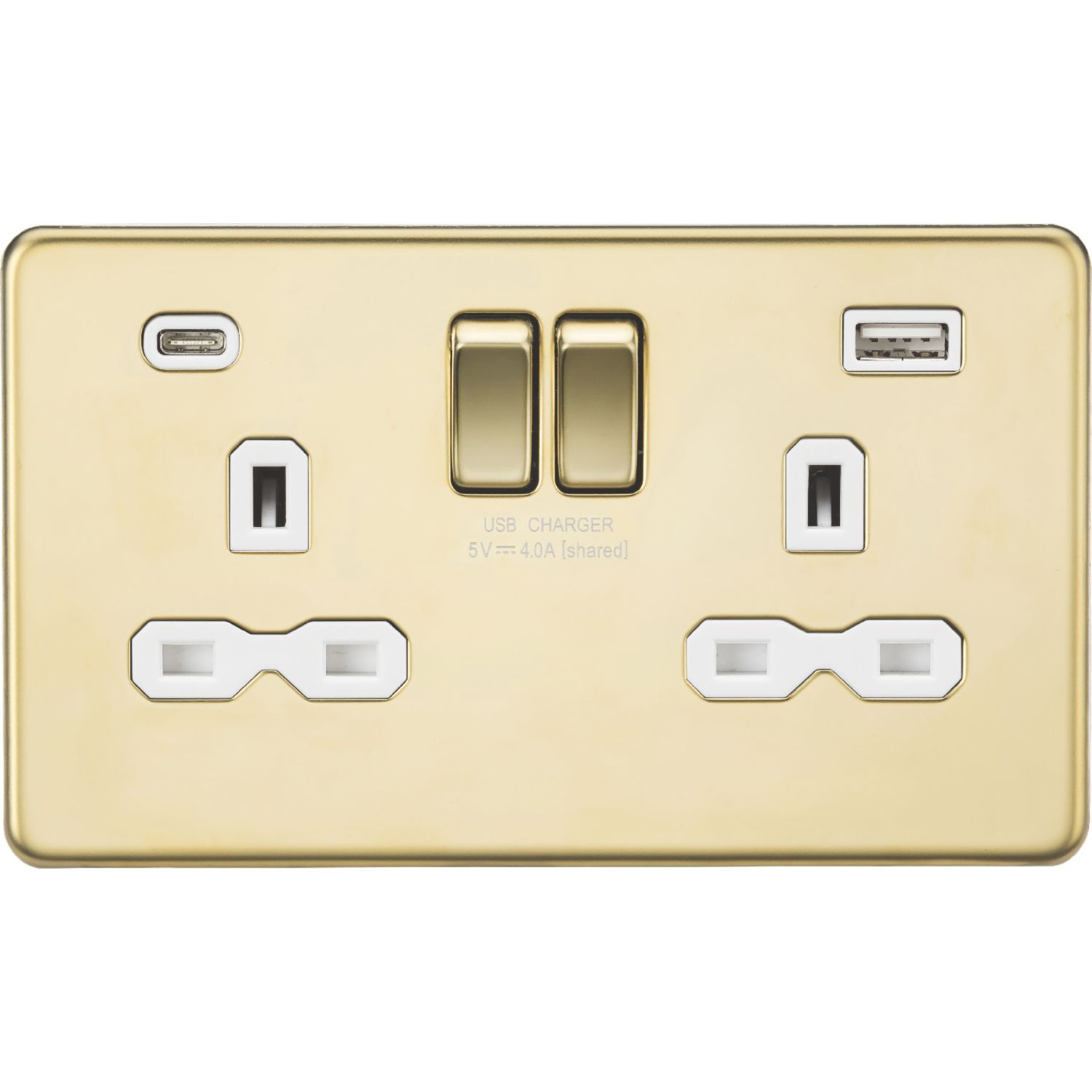 Knightsbridge 13A 2-Gang SP Switched Socket + 4.0A 20W 2-Outlet Type A & C USB Charger Polished Brass with White Inserts (542PY)
