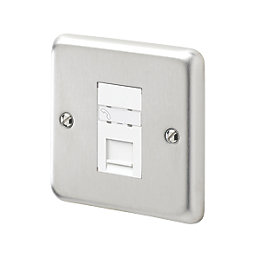 MK Contoura 1-Gang Master Telephone Socket Brushed Stainless Steel with White Inserts