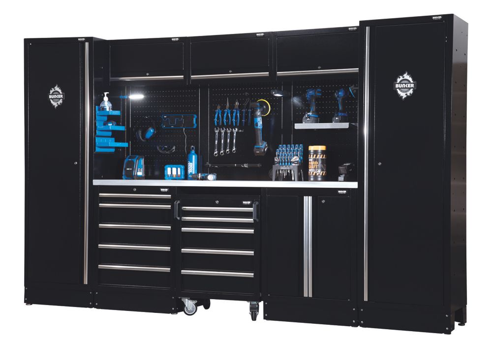 Bunker Black 16 Piece Modular Storage Set with Steel Worktop - Screwfix
