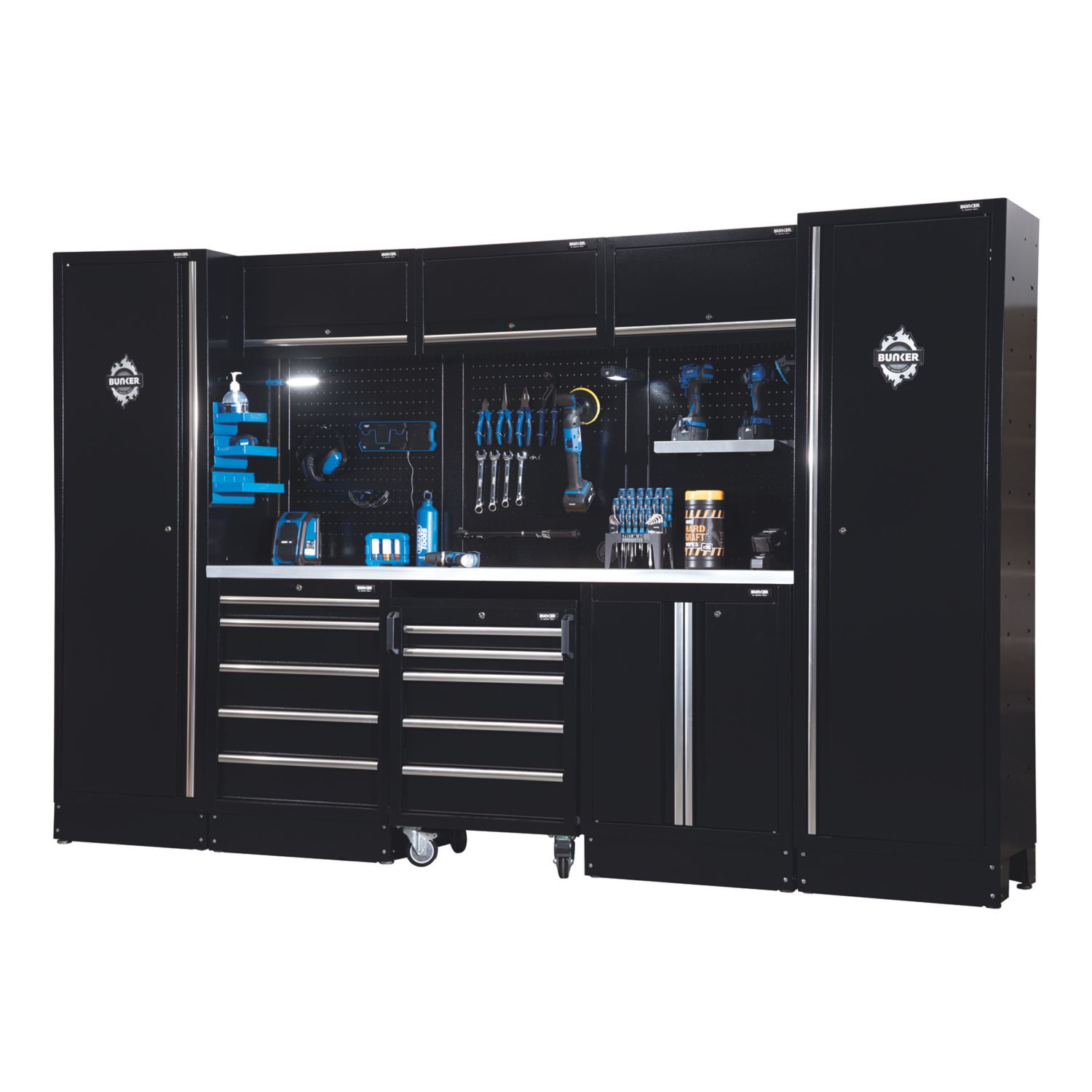 Bunker Black 16 Piece Modular Storage Set with Steel Worktop (543CN)