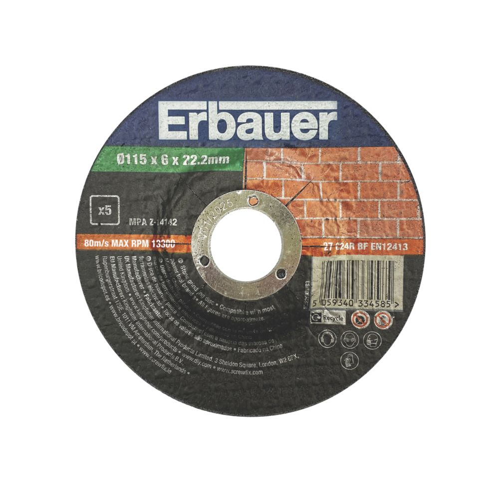Erbauer Stone Grinding Discs 4 1/2" (115mm) x 6mm x 22.2mm 5 Pack