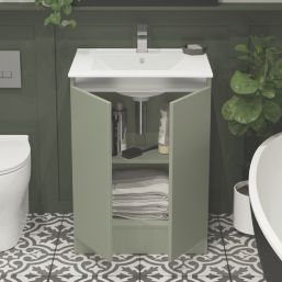 Newland  Double Door Floor Standing Vanity Unit with Basin Matt Sage Green 600mm x 450mm x 840mm