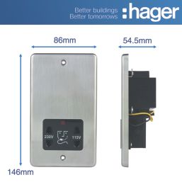 Hager  WRSO100BSB 1-Gang Dual Voltage Shaver Socket 115/230V ACV Brushed Steel with Black Inserts