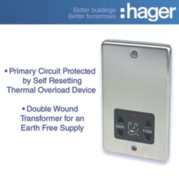 Hager  WRSO100BSB 1-Gang Dual Voltage Shaver Socket 115/230V ACV Brushed Steel with Black Inserts