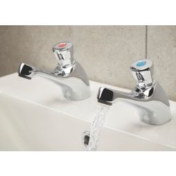 Bristan Timed Flow Chrome-Plated 98mm Push Button 2 Tap Holes Basin Pillar Tap
